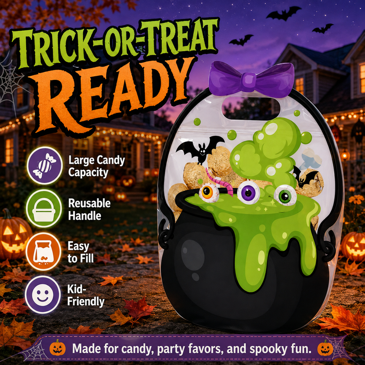 🎃 Halloween Self-Sealing Treat Bags – Pumpkin & Green Pot Candy Gift Pouches 🍬