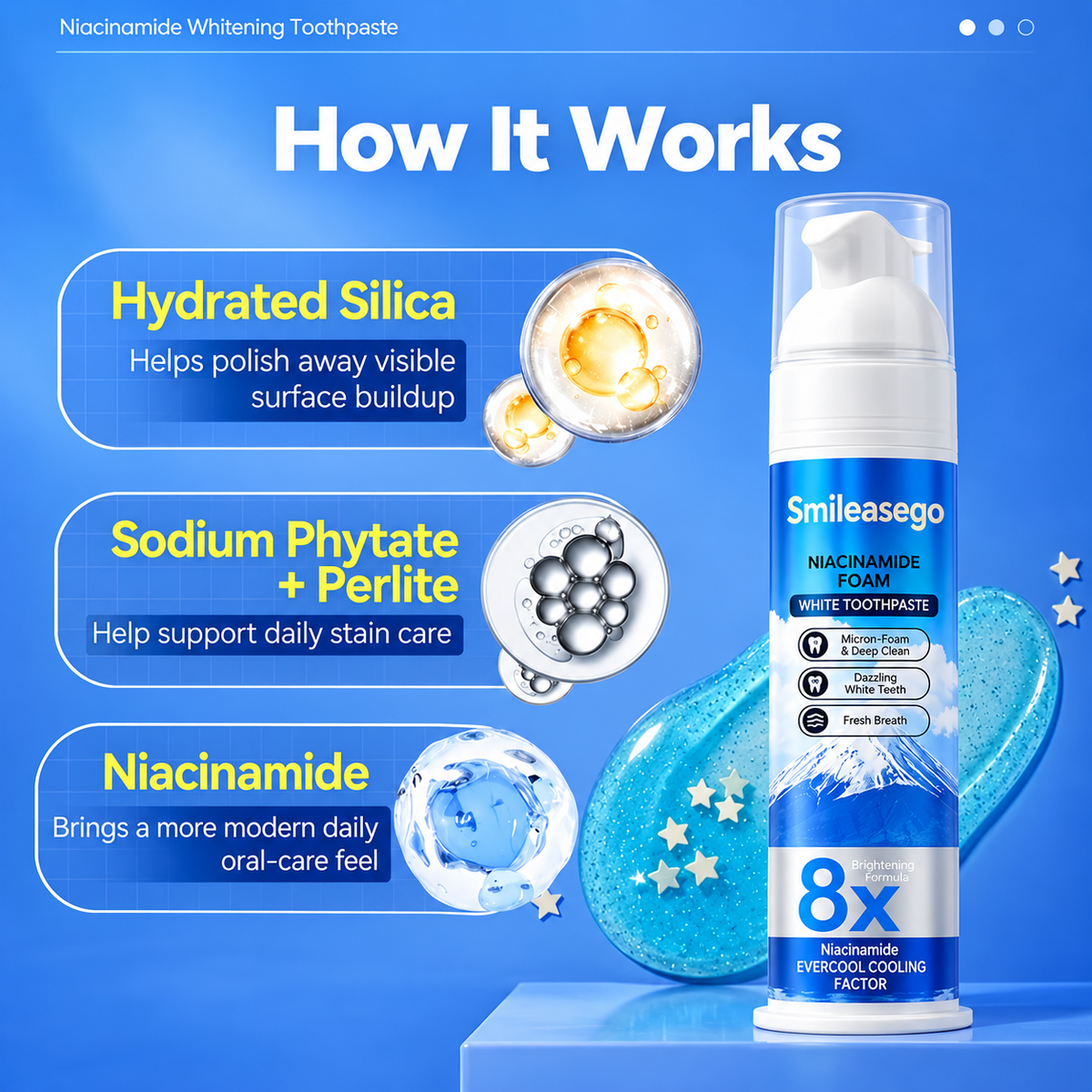 Niacinamide Foaming Whitening Toothpaste 8X - Fresh Breath Stain Removal Gentle Teeth Cleaning 100ml-D