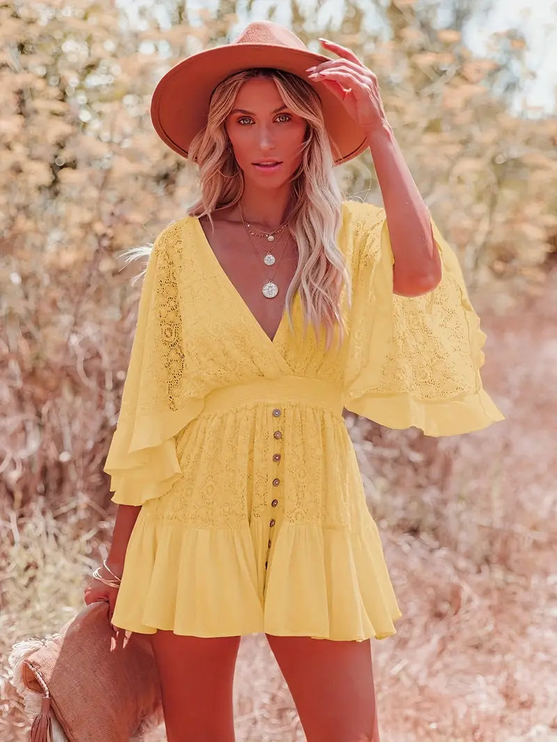 Casual Lace Patchwork Batwing ærme V-hals Fashion sommer løs kjole 