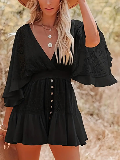 Casual Lace Patchwork Batwing ærme V-hals Fashion sommer løs kjole 